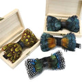 Boyi SY12101 Handmade Nature Feather Bow Tie and Wooden Gift Box Set for Unisex with Adjustable Strap Four Seasons Use