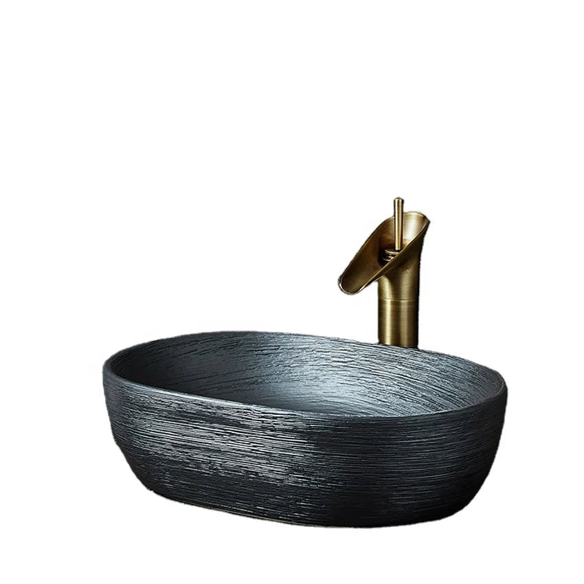 Contemporary Handmade Black Ceramic Rectangular Washbasin Color Glazed for Bathroom Sink