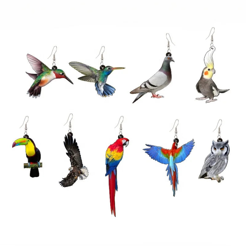 SC Hot Sale Resin Cartoon Women Earrings Delicate Owl Parrot Acrylic Earrings Laser Cut Hummingbird Birds Dangle Earrings
