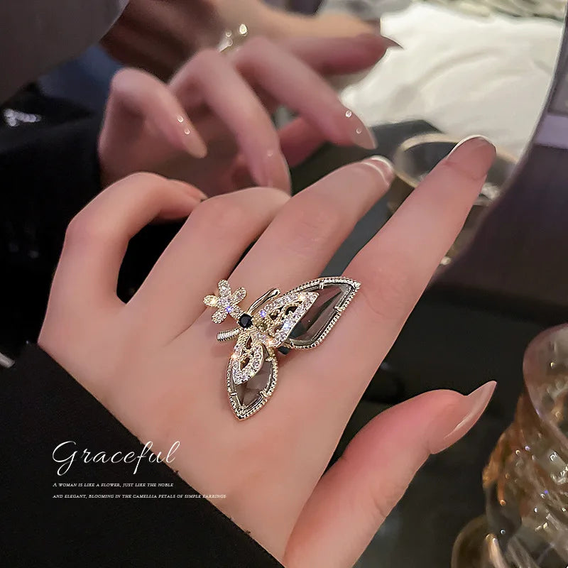 Fashion New Personalized Diamond Crystal Flower Butterfly Opening Adjustable Ring for Women Jewelry Wholesale