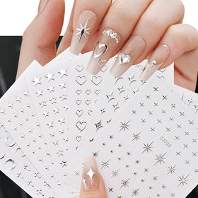 Metallic Silver Chrome Star Heart Moon Cross Nail Stickers 3D Bronzing Holographic Heart Star Sliders Gel Polish Decal Sticker