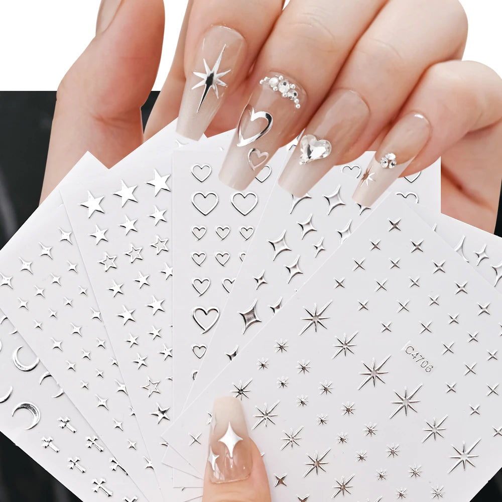 Metallic Silver Chrome Star Heart Moon Cross Nail Stickers 3D Bronzing Holographic Heart Star Sliders Gel Polish Decal Sticker
