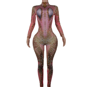 Fashion Pink Pearls Rhinestone Bodysuits Stage Performance Show Costume Club Party Slim Dancer Leotard Women One Piece Jumpsuits