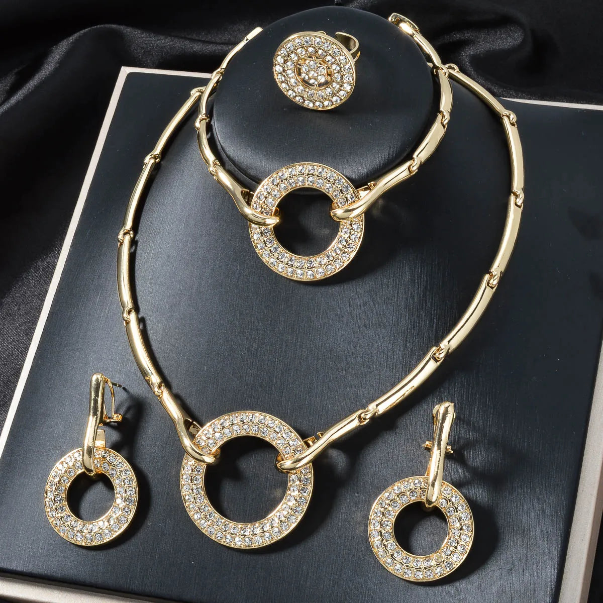 Dubai High Quality Copper Zircon Earring Ring Bracelet and Necklace Jewelry Set