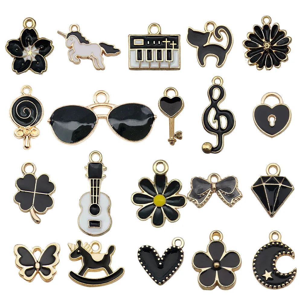 Mix 20pcs Black Oil Dropping Alloy Flower Necklace Diy Jewelry Black Enamel Pendant Charms