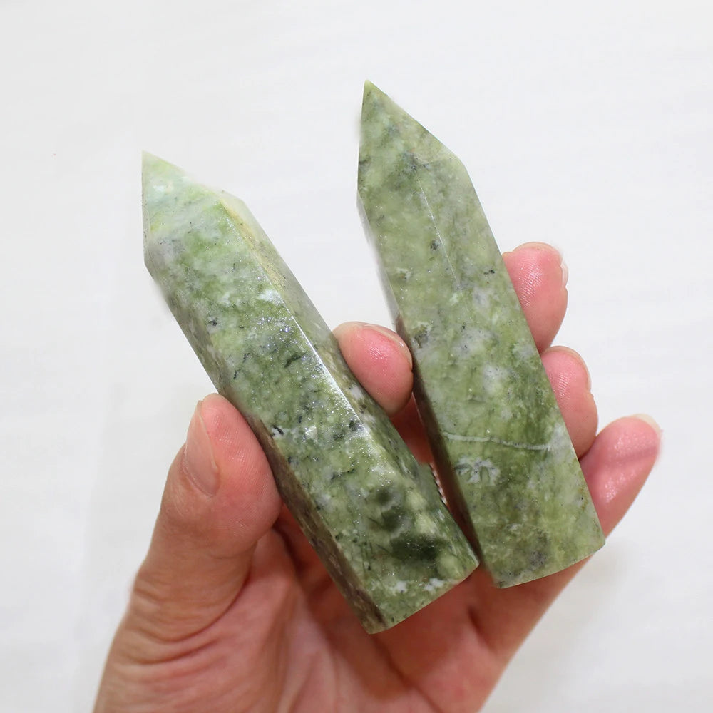 Natural Hexagonal Faceted Prism Polished Tumbled Stone Green Vein Jade Energy Healing Crystal Wand Eco-Friendly Crafted Product