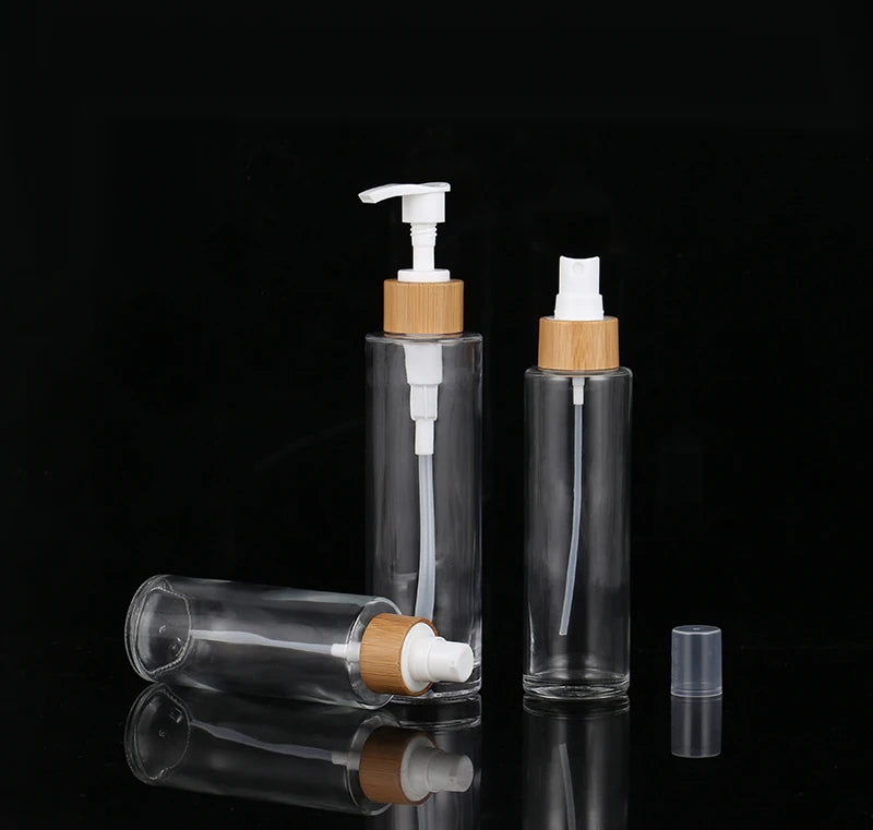 Eco Friendly 15ml 20nl 30ml 50ml 100ml 120ml 150ml Real Bamboo Transparent Frosted Glass Cream Lotion Spray Pump Bottles
