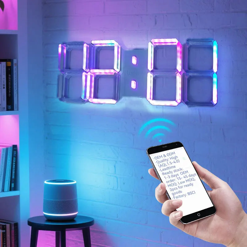 New Promotion Wall Neon 3D Wall Led Alarm Digital Clock White Number Time Clock App Control 3D Led Wall Clock