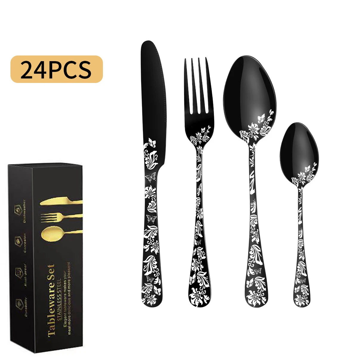 Best-selling Hotel Supplies Stainless Steel Knife Fork and Spoon Set with Pattern 24 Pieces Gold Tableware Luxury Tableware Set