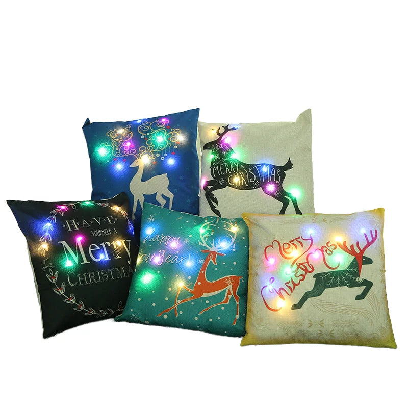 Pafu Christmas Decorative LED Couch Pillow Cases Cotton Linen Pillow Square Cushion Cover Christmas Throw Pillow Covers