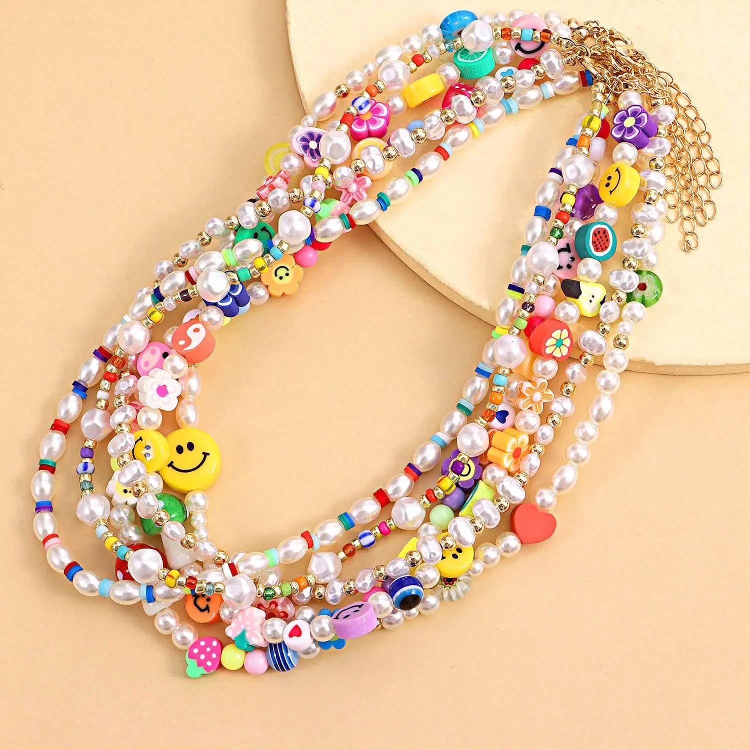BINSHUO Bohemian Seed Bead Jewelry Acrylic Collar Painted Fruit Pearl Necklace Face Soft Clay Beaded Necklace for Women
