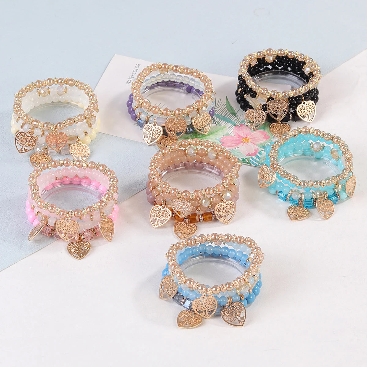 Factory Price Boho Crystal Jewelry Wholesale Heart Tree of Life Pendant Cube Beads Bracelet Couple