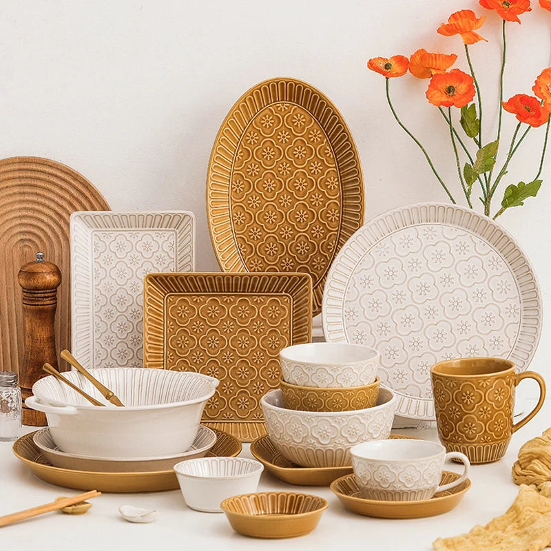 Japanese Style Ceramic Embossed Tableware Creative Lace Western Food Plate Soup Plate Household Rice Bowl Noodle Bowl Dish Plate
