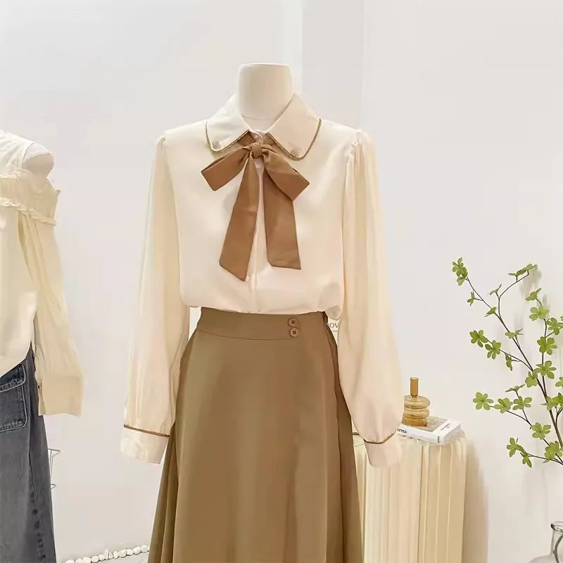 S-XL Bow Tie Style Chiffon Shirt Ribbon Long Sleeved Shirt Top