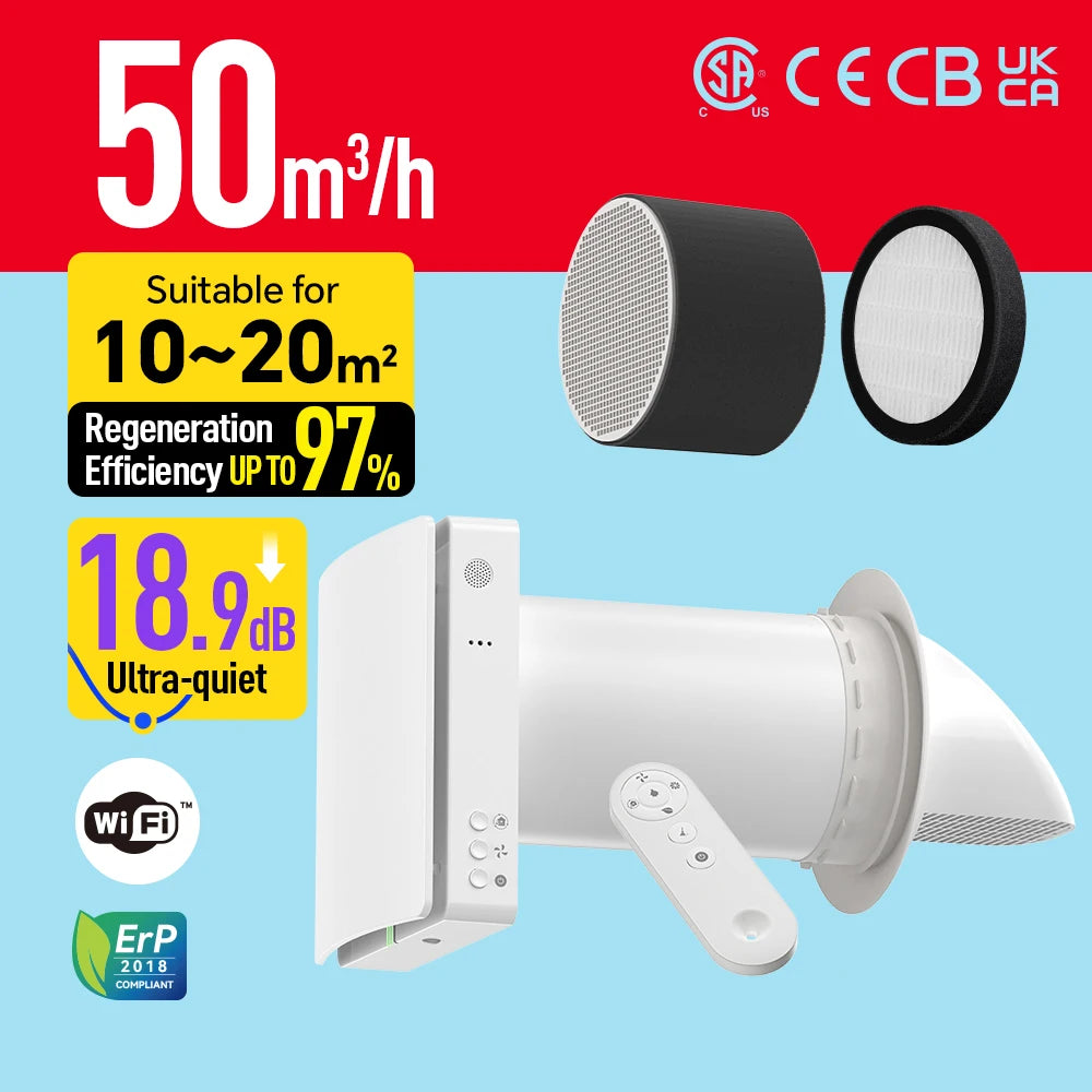 Ductless Energy Saving Flexible Easy Installation Wall-Mounted 160mm Duct Hole Decentralized Supply Exhaust Fan Single Dining