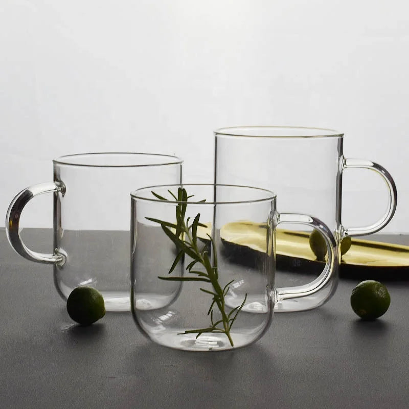 Hot Selling Transparent Cocktail Glasses Drinking Tea Cup Borosilicate Tumbler Glass Mug with Handle for Tea Coffee Water