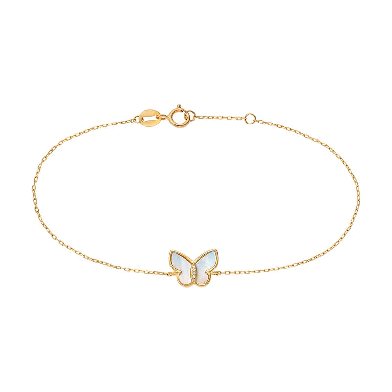 Gemnel Recycled Sterling Silver Gold Plated Mother of Pearl butterfly Set Diamond Chain Bracelet