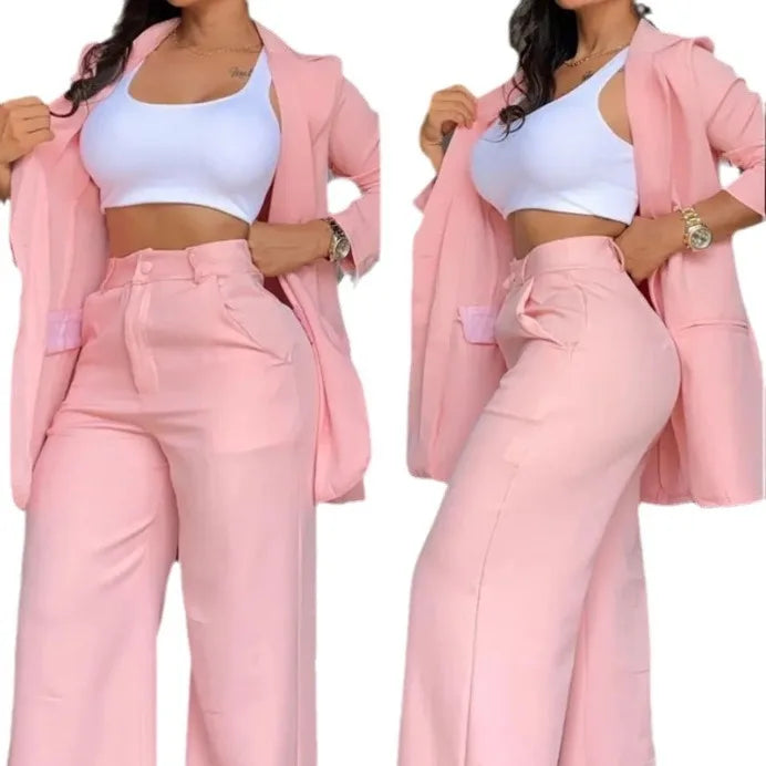 2025 New Style of European and American Women's  Elegant Solid Color Open Sleeve Lapel Suit Bag Straight Trouser Suit