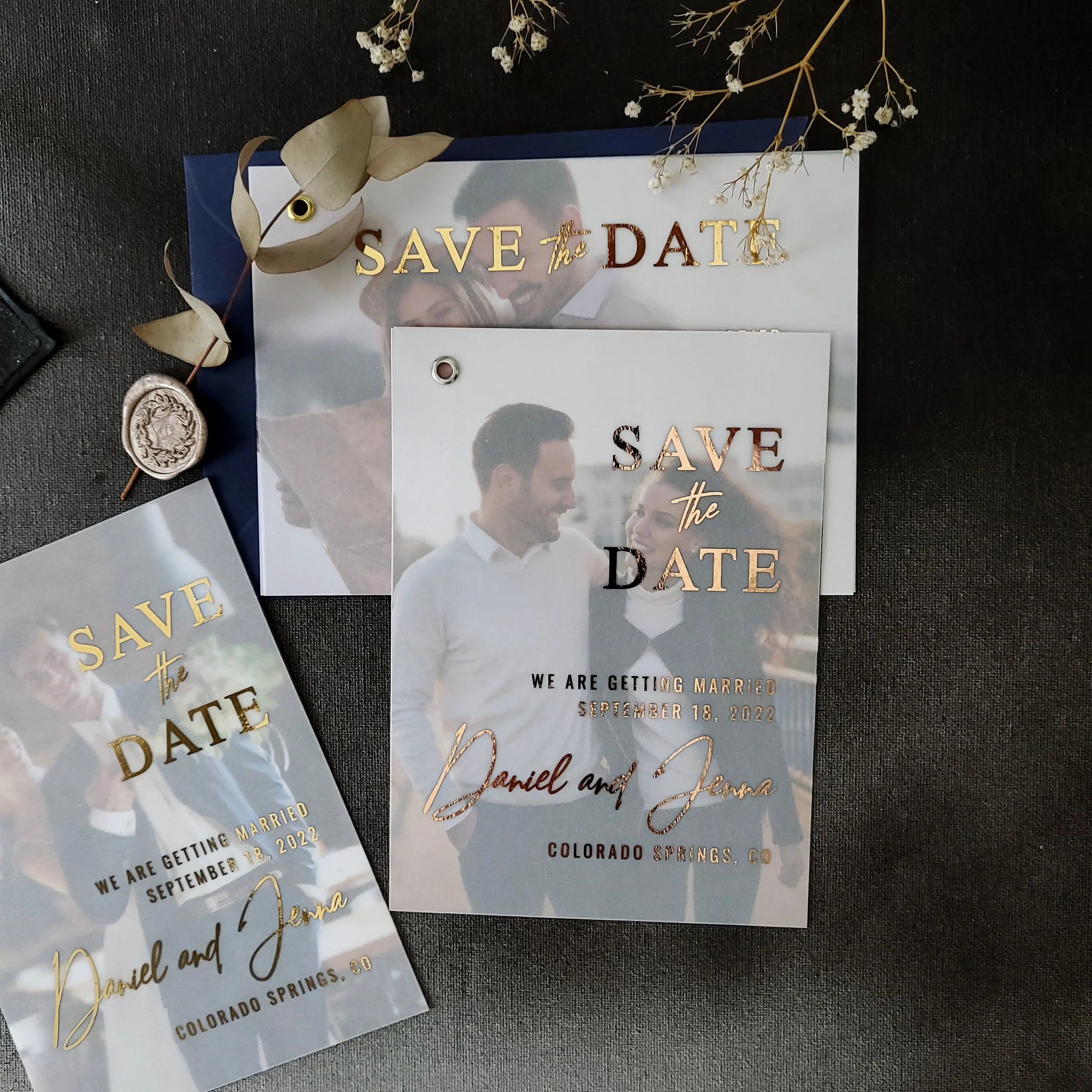 Diy Couple Photo Save the Date Ideas with Gold Foil Vellum Invitation for Wedding
