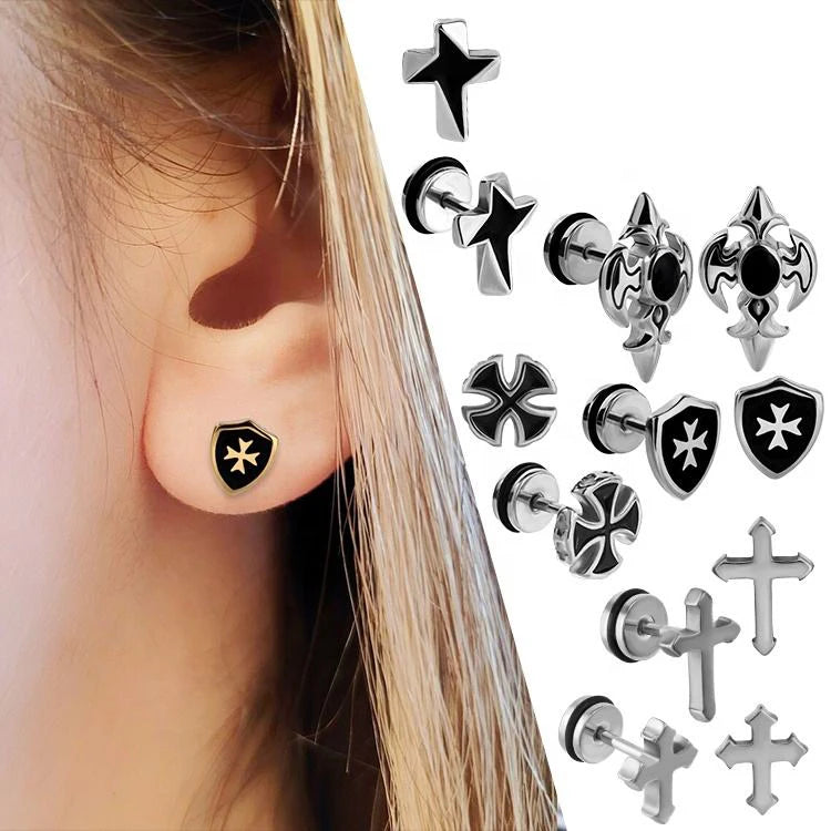 Christian Retro Dark Gold and Silver Cross Sword Earrings 316L Stainless Steel Cross Earrings