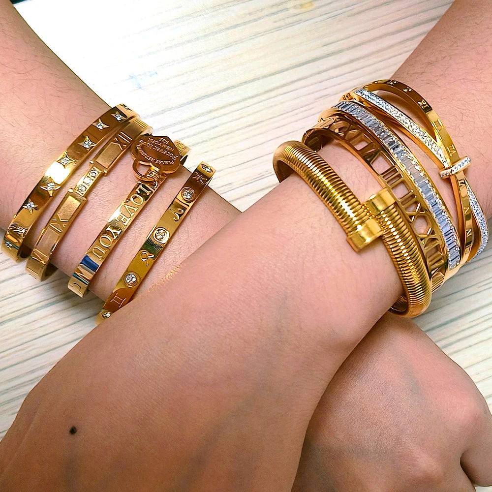 Custom Tarnish Free Fashion Customized Stackable Waterproof Charms Designer Women PVD Gold Plated Jewelry Stainless Steel Bangle