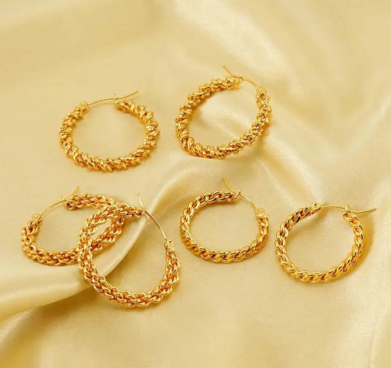 Women's Gold Plated Stainless Steel Hoop Earrings Fashion Jewelry Thick Chunky Twisted Geometric Huggie Design