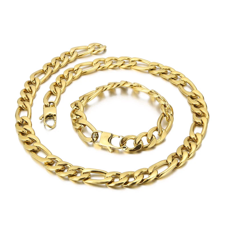 Simply Fit 18K Gold Stainless Steel Jewelry Set 11MM Figaro Chain Men's Wedding Bracelet Necklace Set Hip Hop Accessories Gift