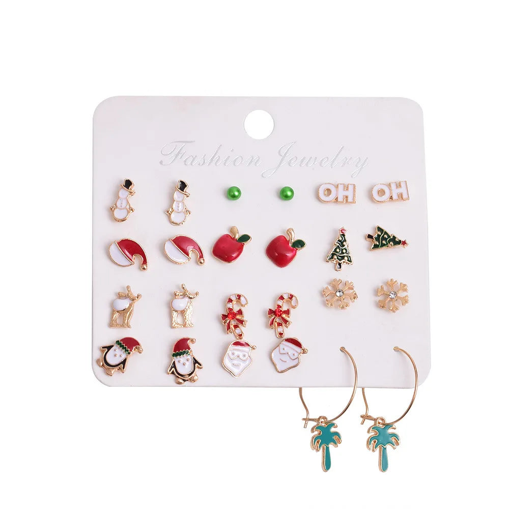 Popular 12 Pairs Christmas Stud Earrings Set Alloy Enamel Christmas Tree Hat Snowflakes Cane Stud Earrings Wholesale