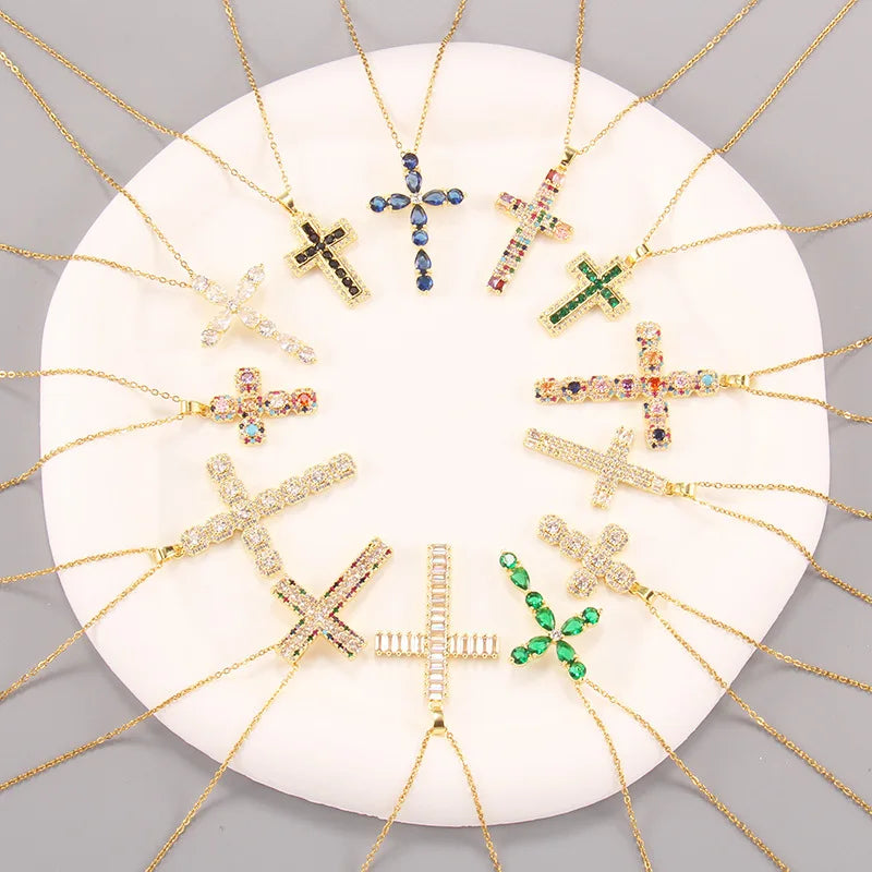 15 Model Stainless Steel Chain 18K Gold Plated Colored CZ Diamond Cross Necklace Zirconia Christian Jesus Cross Pendant Necklace