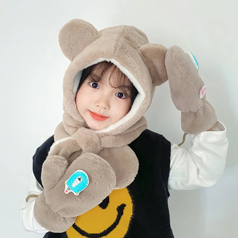 Outdoor Neck Cover Animal Hood Winter Warm Kids Scarf Hat Gloves Set