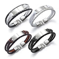 Luxury Men's Leather Bracelet Stainless Steel Silver Gold Black Plated Buckle Blank Plate Woven Braided Wrap Bracelets for Men