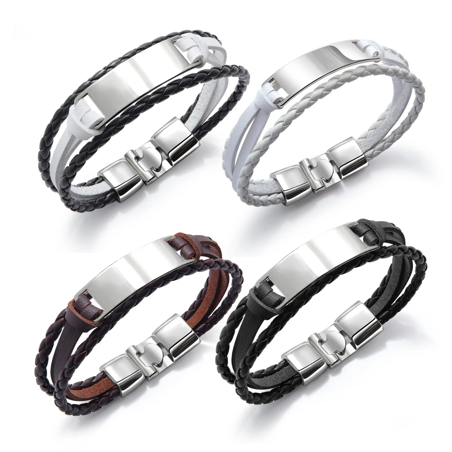 Luxury Men's Leather Bracelet Stainless Steel Silver Gold Black Plated Buckle Blank Plate Woven Braided Wrap Bracelets for Men