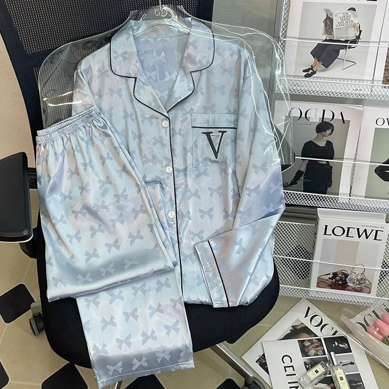 S7322F High -quality Bingshi Thin Lapel Long -sleeved Long Pants Bow Bowl House Suit Ladies Plus Size Women's Sleepwear