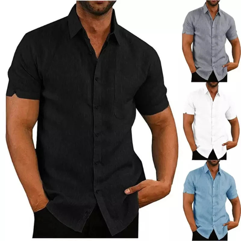 Luxury Men's Short Sleeve Turn-down Collar Shirts Casual Loose Linen Shirt Blouse Tops Chest Pocket Design Black White Gray Blue