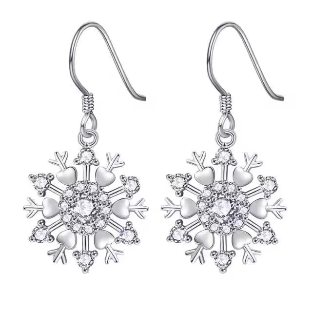 Fine Jewelry 925 Sterling Silver 3A Zircon Snowflake Pendant Hook Earrings for Women