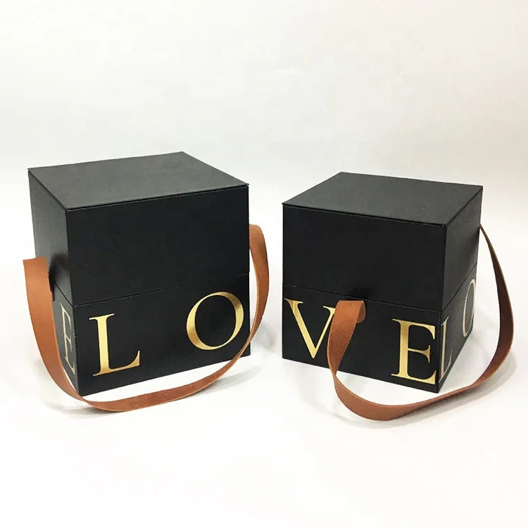 Chengruo Hot Sale Stock Packaging Materials 2 Piece Box Surprise Flowers Gift Packing Boxes With Handle Gold Foil Love