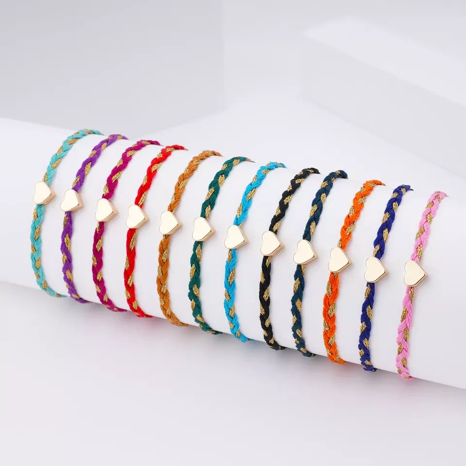 Ethic Handmade Cotton Rope Bracelet Vintage Boho Gold Heart Charm with Double Color Thread Lucky Friendship Charm Bracelets