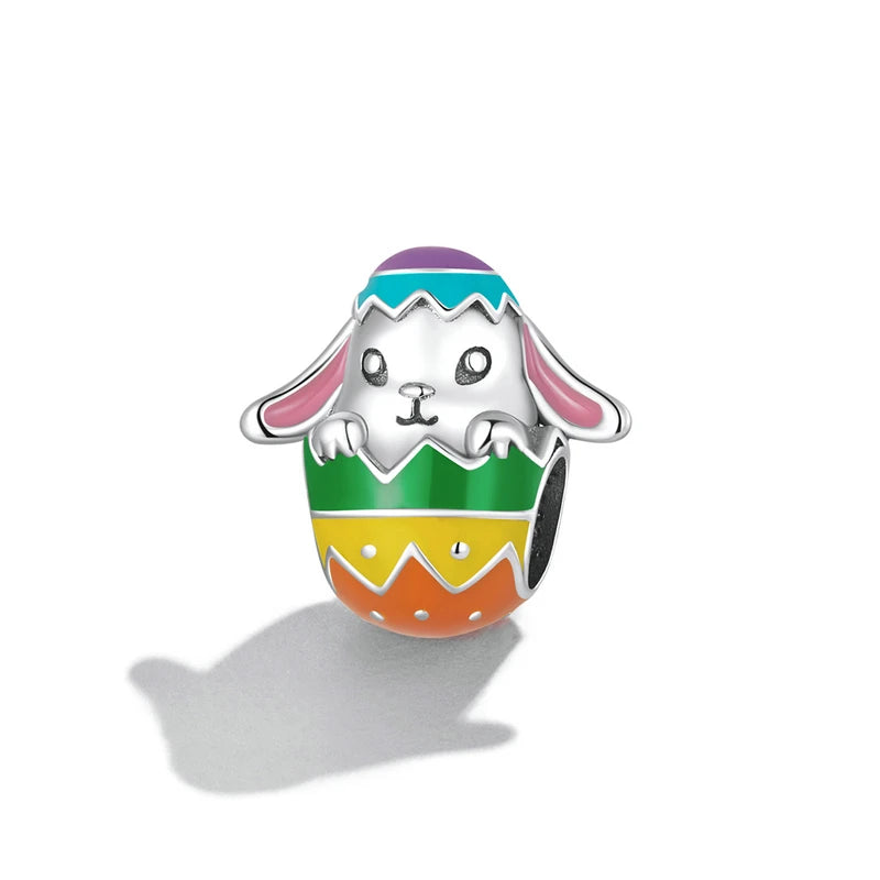 925 Sterling Silver Rabbit Easter Egg Charm Bead Pendant Fine Animals Jewelry for Women Fits Bracelet Necklace-SCC2117