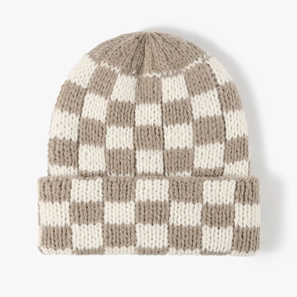 Men Beanie Custom Logo Acrylic Unisex Custom Checkerboard Cuff Beanie Knitted Hat Winter Hats