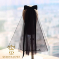 QUEENSGOWN Vintage Black Short Bridal Mesh Veils with Bow Wedding Dress Accessories