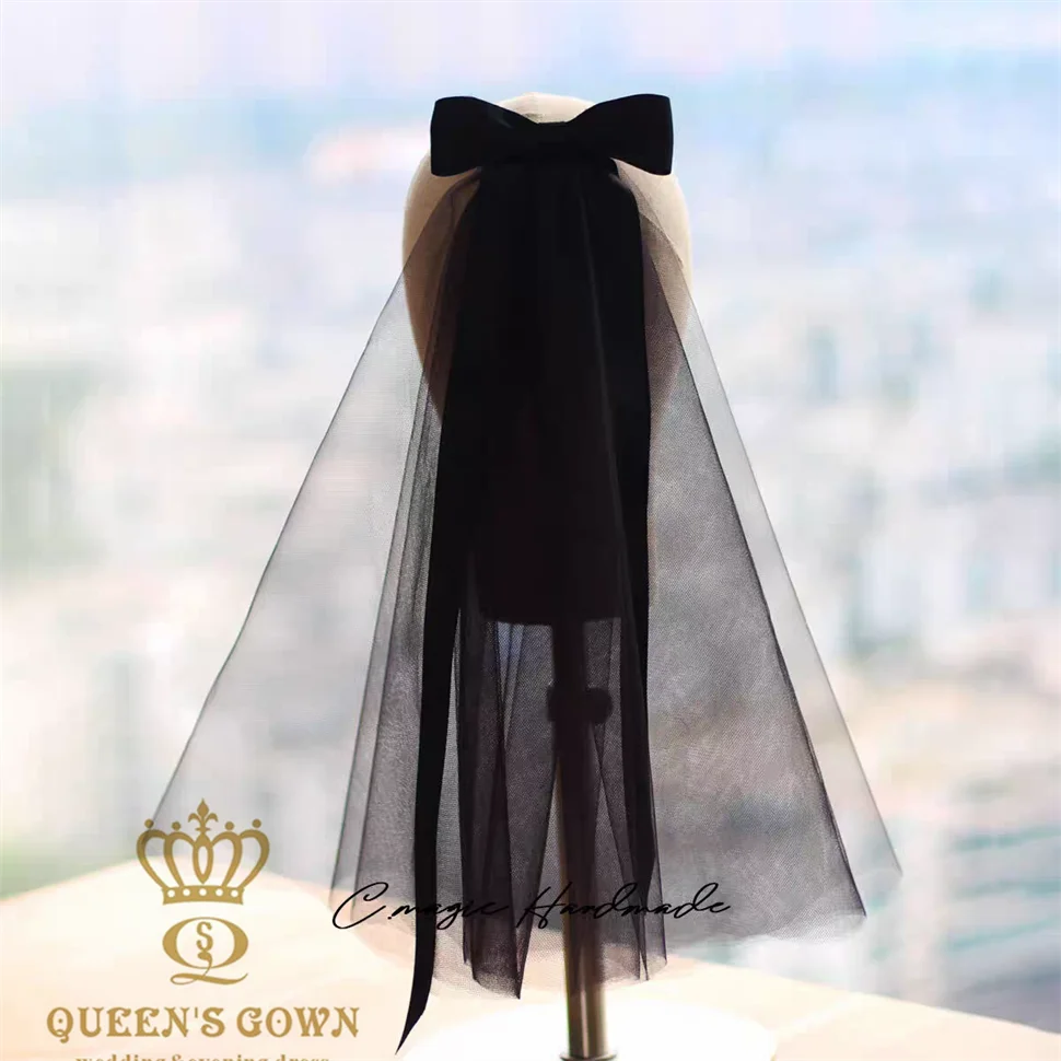 QUEENSGOWN Vintage Black Short Bridal Mesh Veils with Bow Wedding Dress Accessories