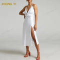 Clothing Factory Wholesale Women Summer High Grade Real Silk Fabric Strap Sleeveless Club High Slit Party Midi Casual Dress
