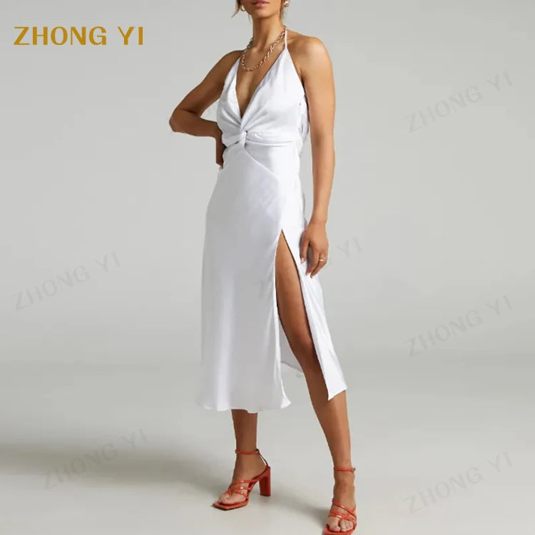 Clothing Factory Wholesale Women Summer High Grade Real Silk Fabric Strap Sleeveless Club High Slit Party Midi Casual Dress
