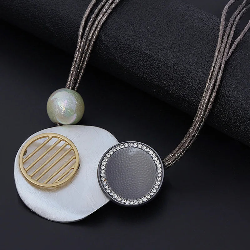 Irregular Round Alloy Metal Pendants Necklace Black Leather Necklace Collar Women Casual Jewelry Gift
