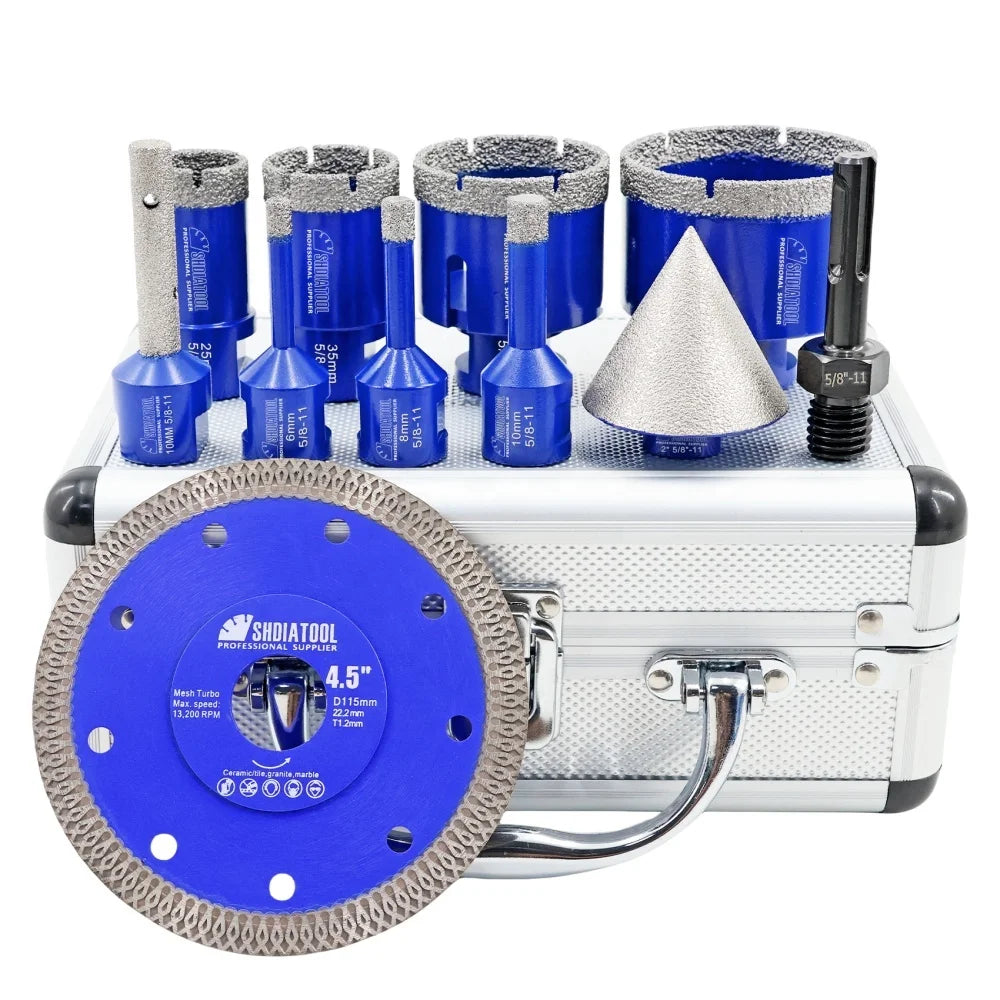 11PCS 5/8''-11 Vacuum Brazed Diamond Core Drill Bits Saw Blade Set Tile Diamond Hole Saw Kit for Granite Marble Drilling Tools