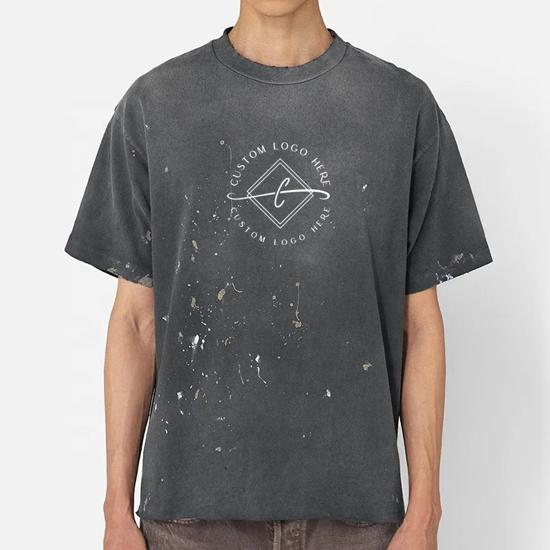 Vintage Distressed 250gsm Heavyweight Cotton T-Shirt Fashion Stone Washed Over Size with Raw Hem and Spray Paint 100% Cotton