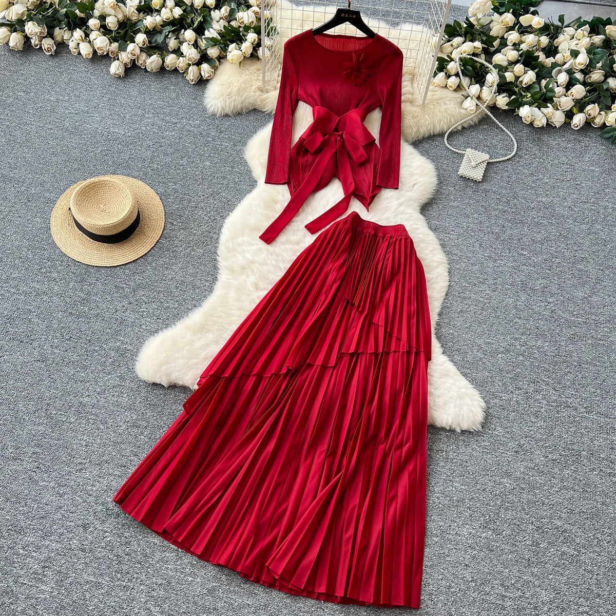LW1045 Pleated Suit Women Design Sense Strap Irregular Pleated Blouse High Waist Pleated Skirt Skirt Two Piece Set For Ladies MegaBDM