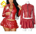 2024 Women Faux Leather 2 Piece Sets Women Long Sleeve Zip Crop Jacket + Mini Bud Skirt Matching Party Sexy Nightclub Outfits
