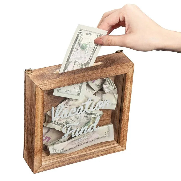 European and American Retro Charcoal Burning Solid Wood Piggy Bank Wood Transparent Money Box
