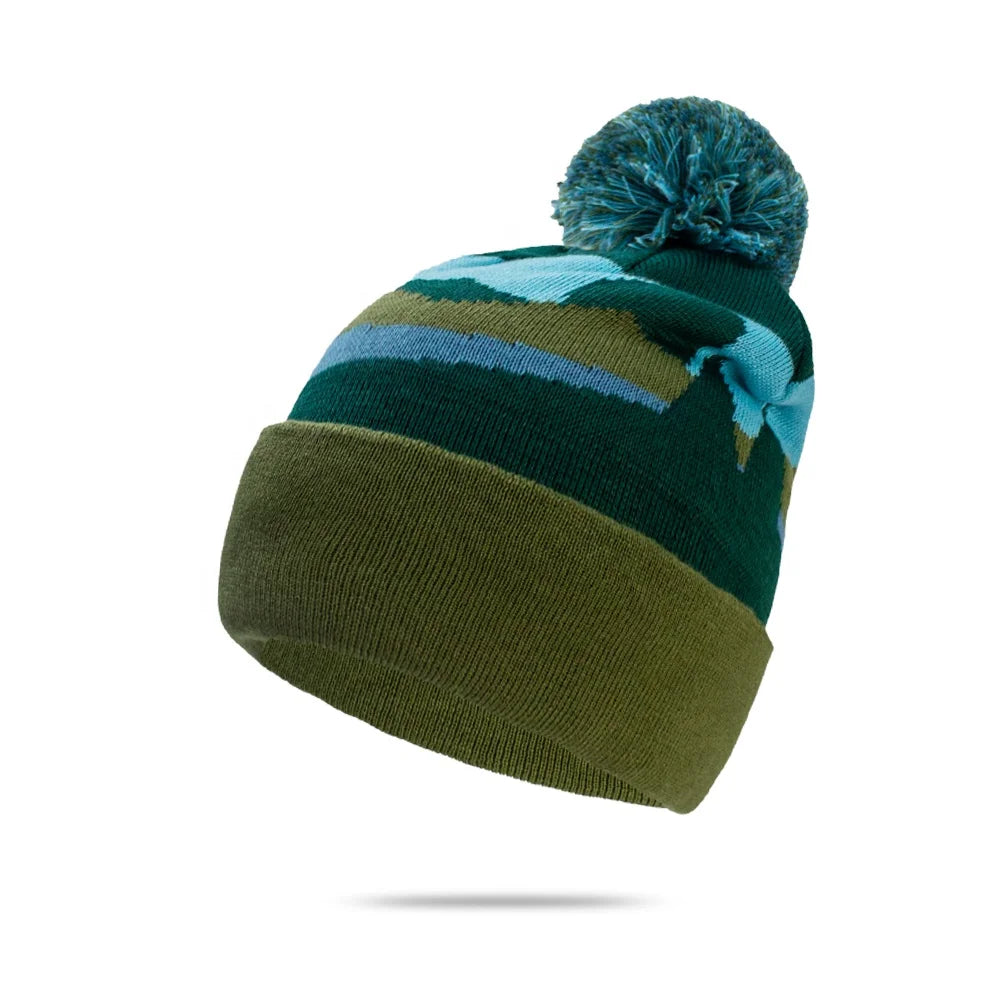 100% Polyester Jacquard Knitted Custom Logo Pom Beanies Fashion Ladies Warm Knit Winter Hats Men Beanie